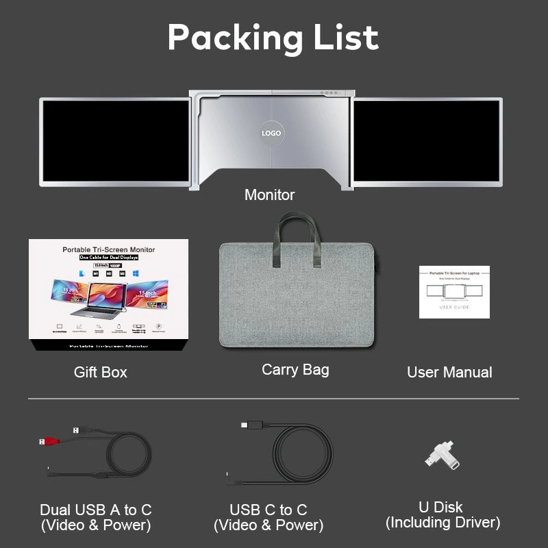 TripleScreenPro™ 15.6 inch Portable Triple Monitor - One Cable for Dual Displays - Optimized for MacBook M1/M2/M3/M4 & Windows Laptops - 1080P FHD Workstation