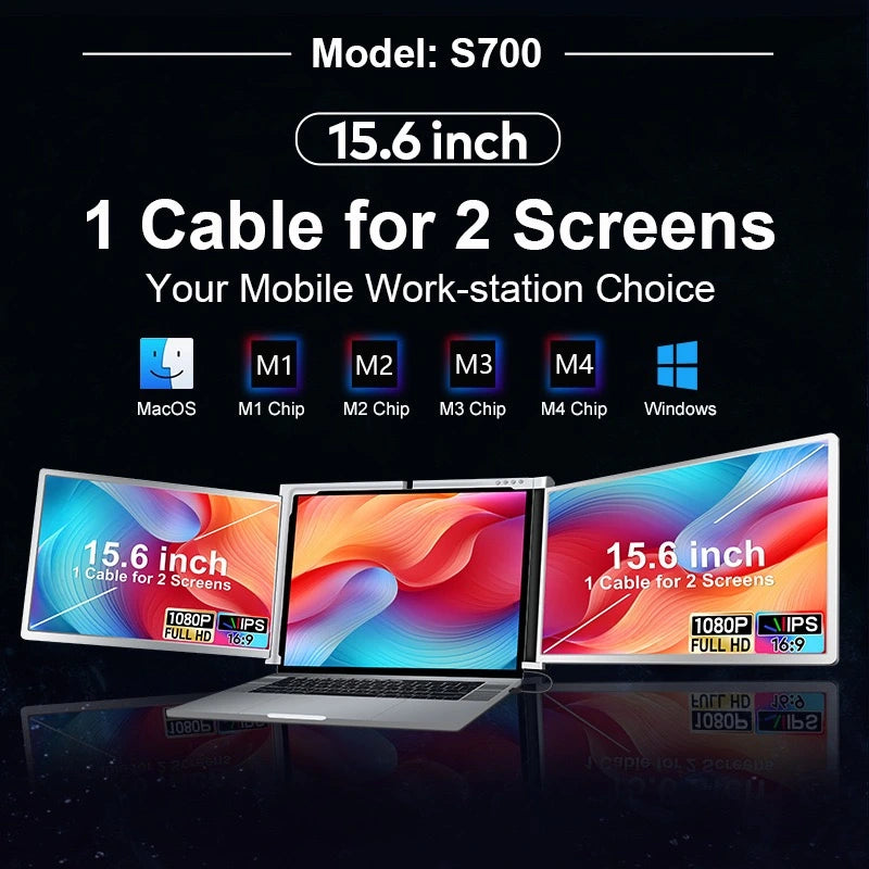 TripleScreenPro™ 15.6 inch Portable Triple Monitor - One Cable for Dual Displays - Optimized for MacBook M1/M2/M3/M4 & Windows Laptops - 1080P FHD Workstation